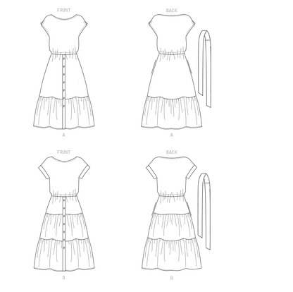 Butterick B6722 sewing pattern envelope showing a loose-fitting tiered dress with an elastic waist