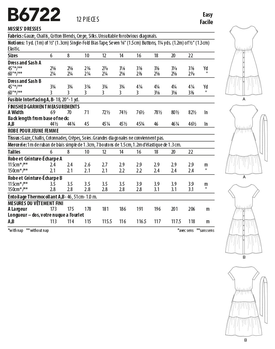 Butterick B6722 sewing pattern envelope showing a loose-fitting tiered dress with an elastic waist