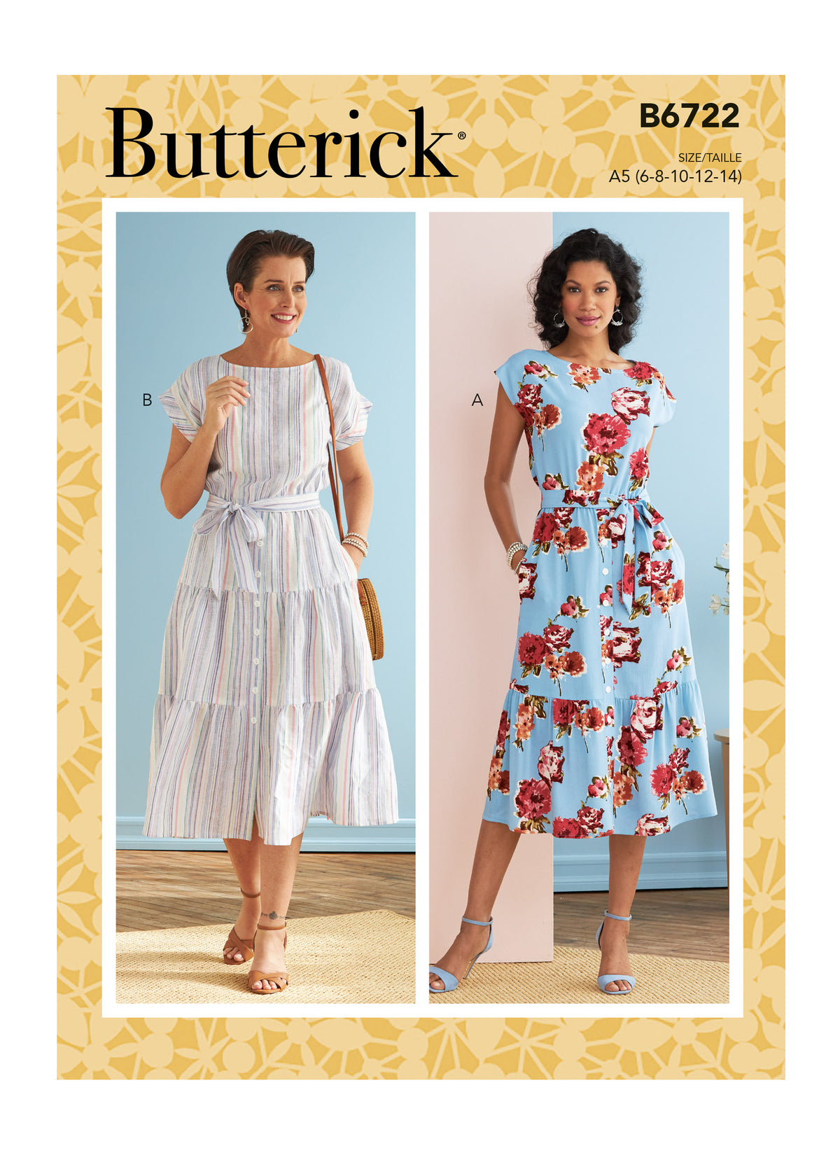 Butterick B6722 sewing pattern envelope showing a loose-fitting tiered dress with an elastic waist