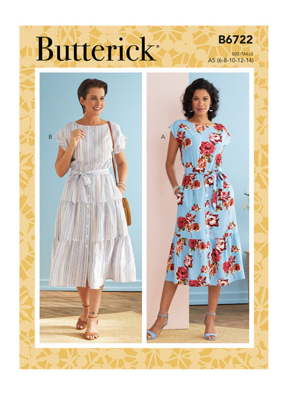 Butterick B6722 sewing pattern envelope showing a loose-fitting tiered dress with an elastic waist