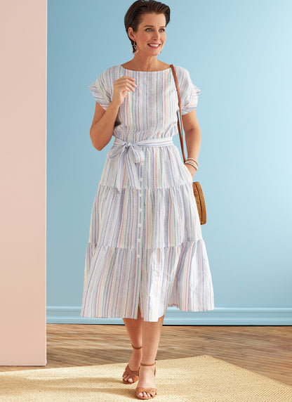 Butterick B6722 sewing pattern envelope showing a loose-fitting tiered dress with an elastic waist