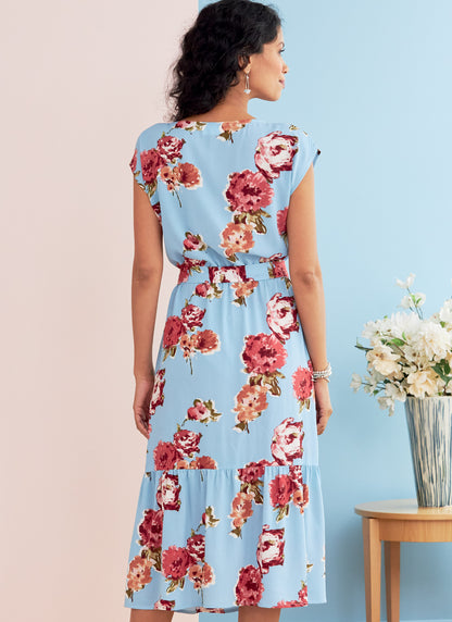 Butterick B6722 sewing pattern envelope showing a loose-fitting tiered dress with an elastic waist