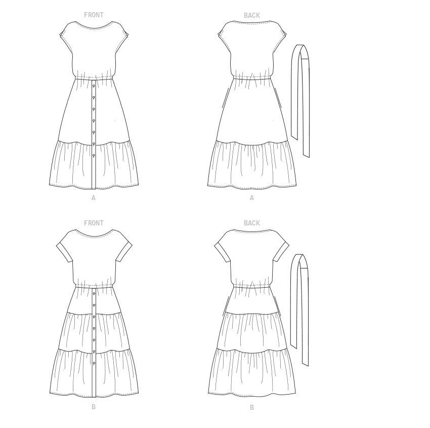Butterick B6722 sewing pattern envelope showing a loose-fitting tiered dress with an elastic waist