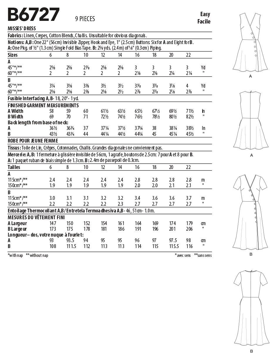 Butterick B6727 sewing pattern envelope showing a mock button-front dress
