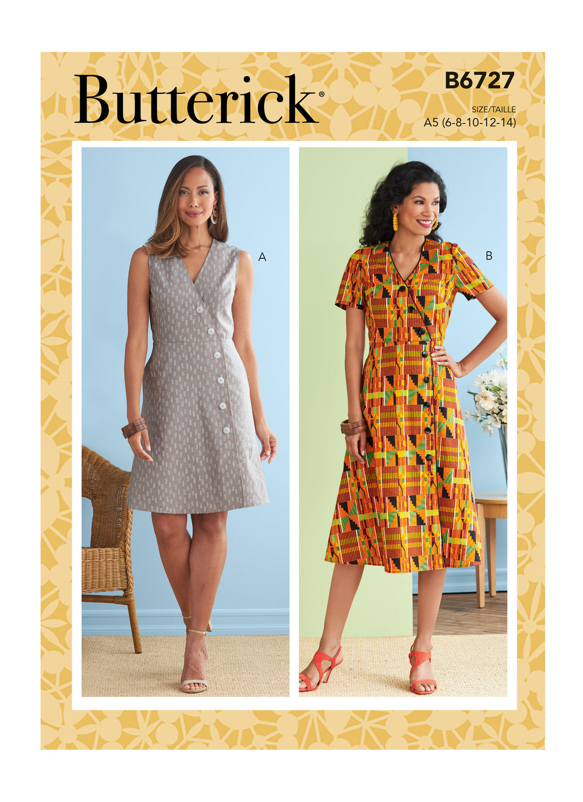 Butterick B6727 sewing pattern envelope showing a mock button-front dress