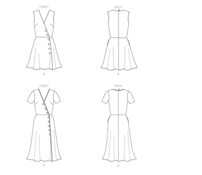 Butterick B6727 sewing pattern envelope showing a mock button-front dress