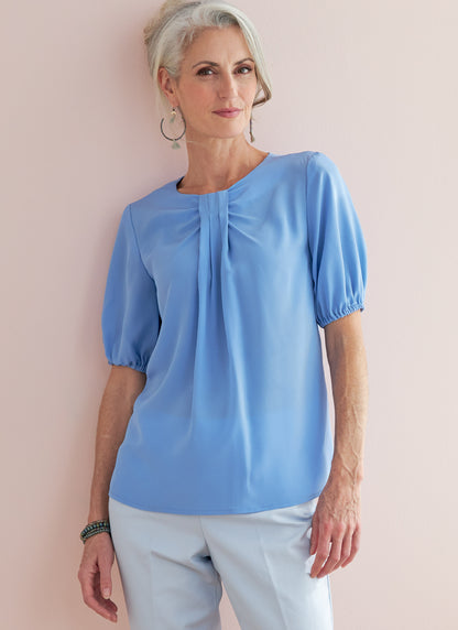 Butterick B6730 sewing pattern envelope showing tops with front neckline tucks
