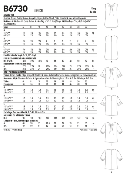 Butterick B6730 sewing pattern envelope showing tops with front neckline tucks