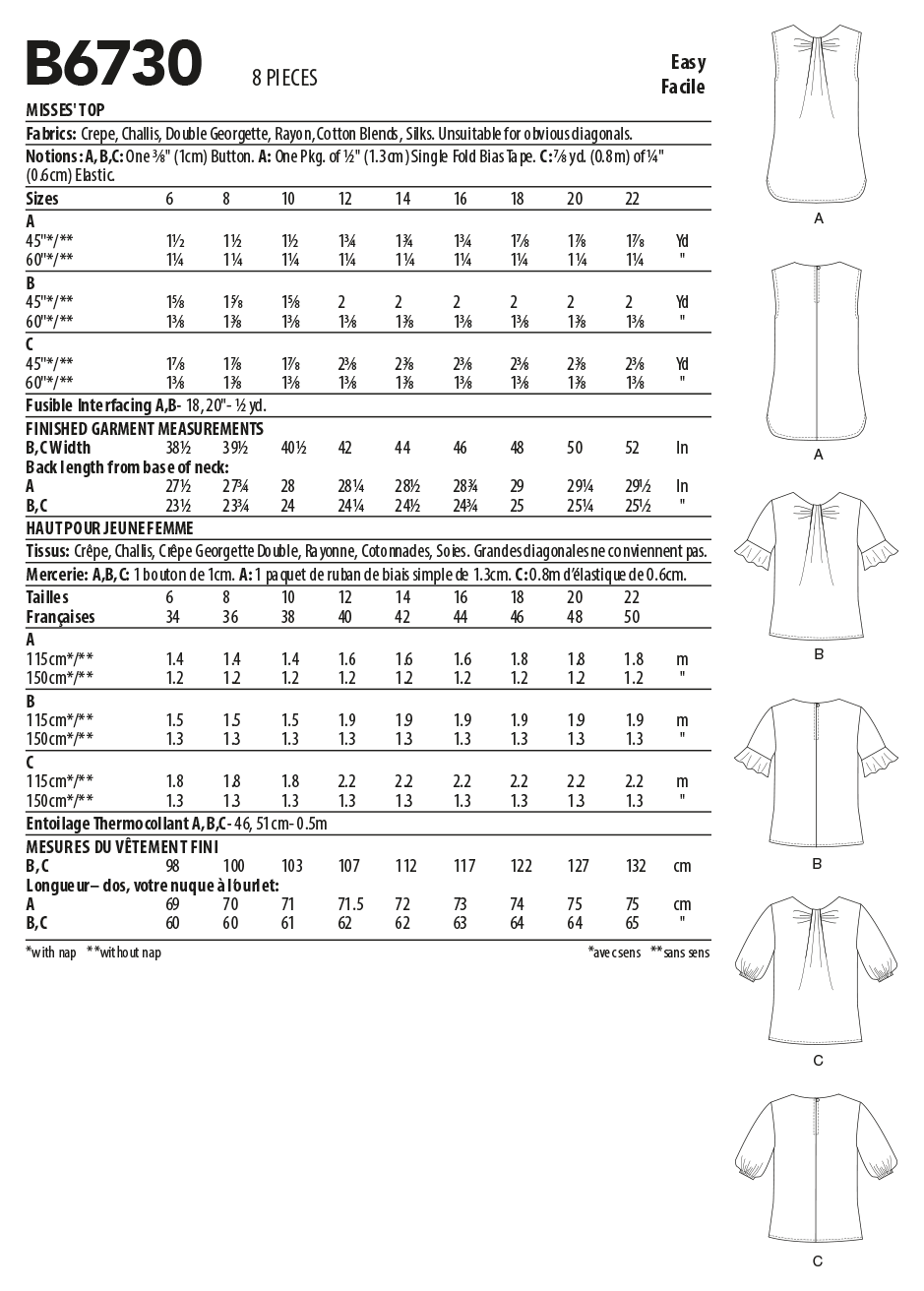 Butterick B6730 sewing pattern envelope showing tops with front neckline tucks