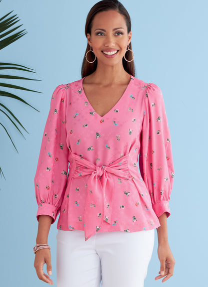 Butterick B6731 sewing pattern envelope showing V-neck tops with front ties
