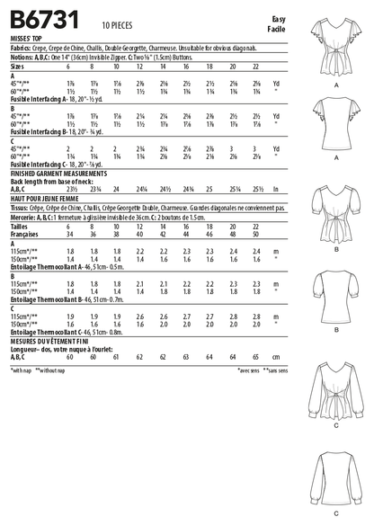 Butterick B6731 sewing pattern envelope showing V-neck tops with front ties
