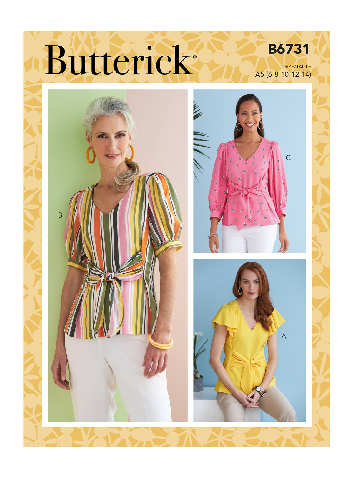 Butterick B6731 sewing pattern envelope showing V-neck tops with front ties