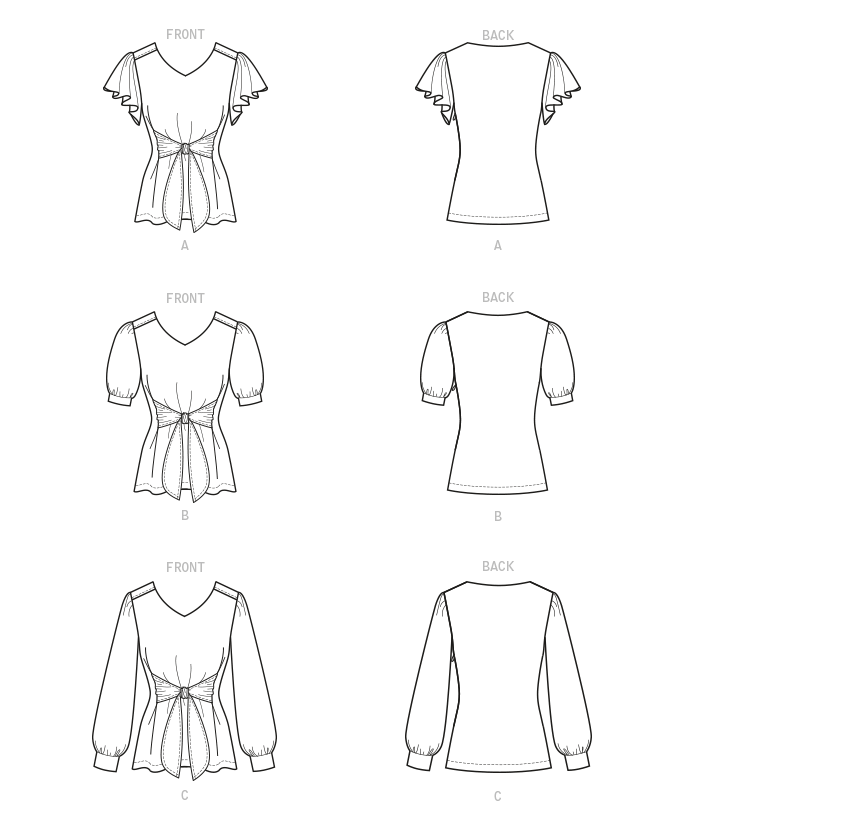 Butterick B6731 sewing pattern envelope showing V-neck tops with front ties
