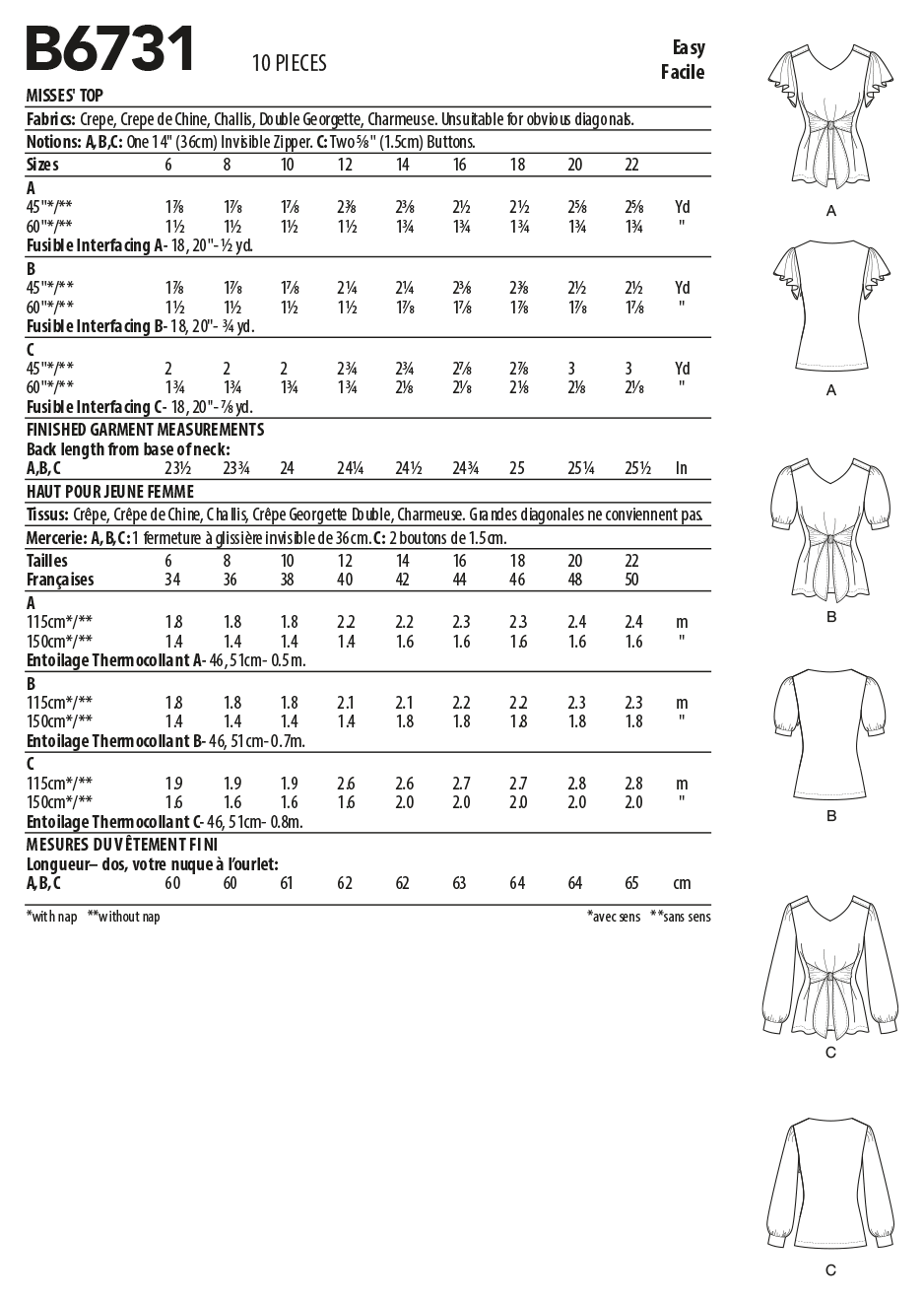 Butterick B6731 sewing pattern envelope showing V-neck tops with front ties