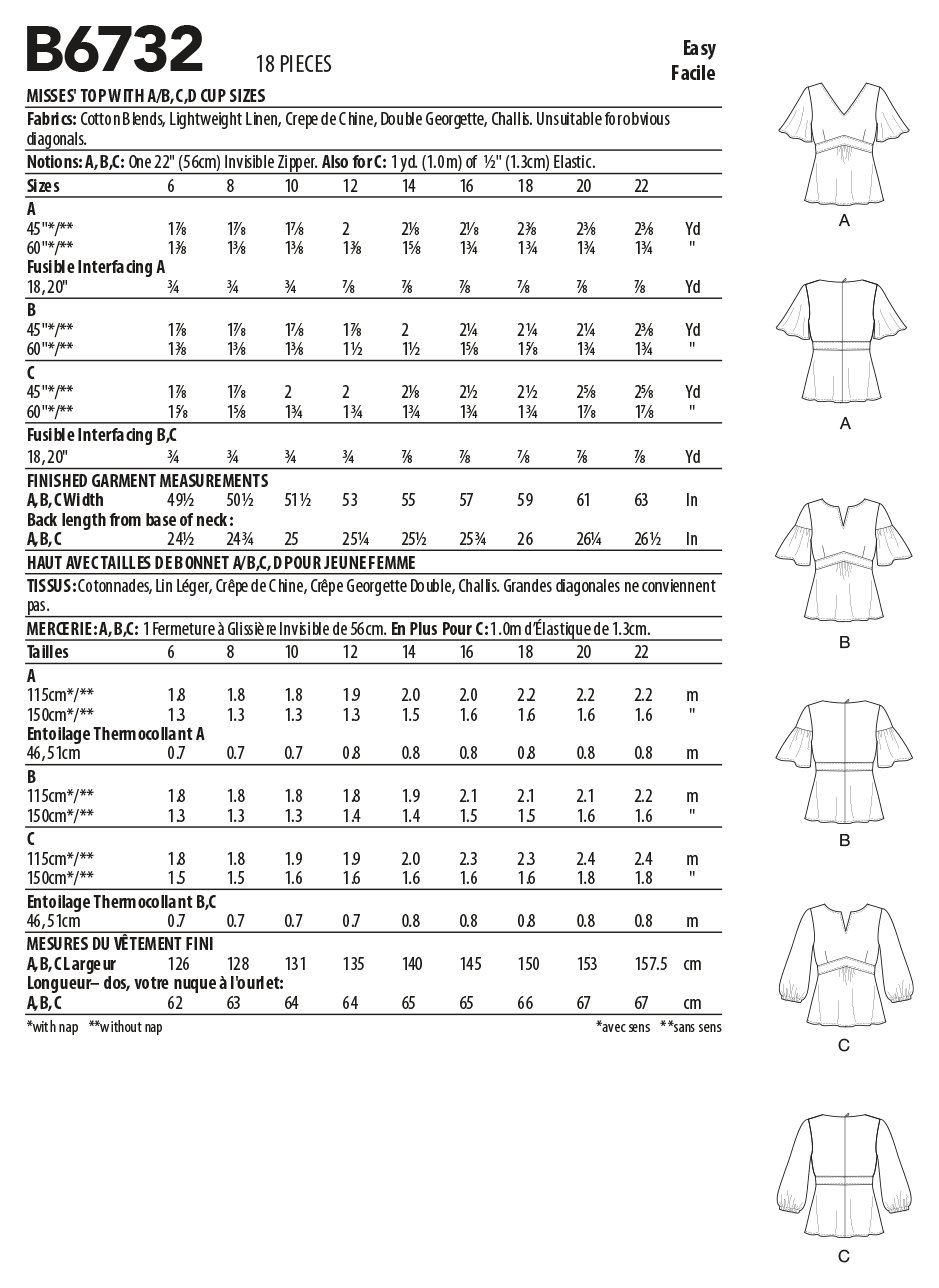 Butterick B6732 sewing pattern envelope showing an empire waist top