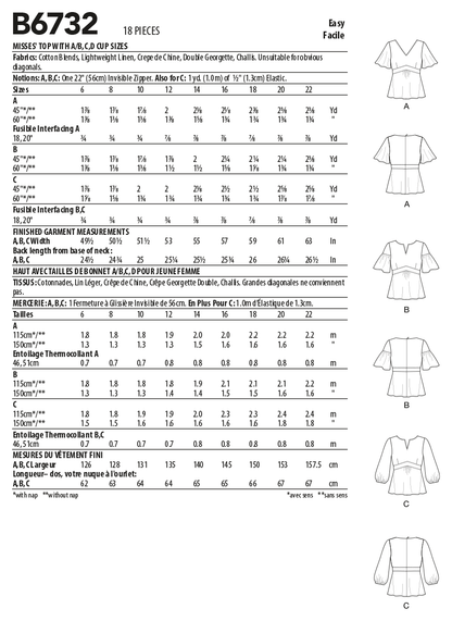 Butterick B6732 sewing pattern envelope showing an empire waist top