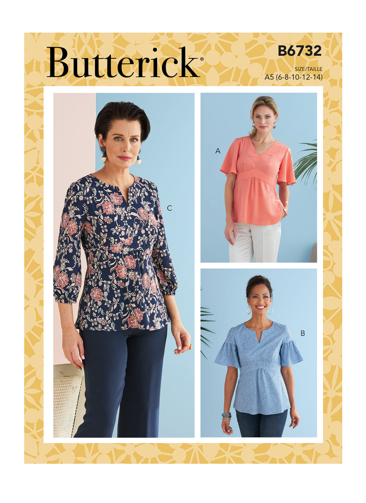 Butterick B6732 sewing pattern envelope showing an empire waist top