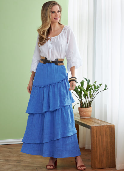 Butterick B6736 sewing pattern envelope showing a pull-on skirt with gathered tiers