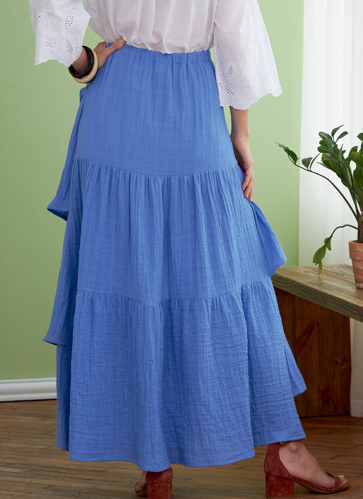 Butterick B6736 sewing pattern envelope showing a pull-on skirt with gathered tiers