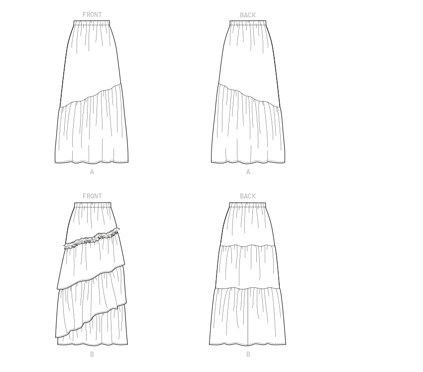 Butterick B6736 sewing pattern envelope showing a pull-on skirt with gathered tiers