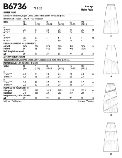 Butterick B6736 sewing pattern envelope showing a pull-on skirt with gathered tiers