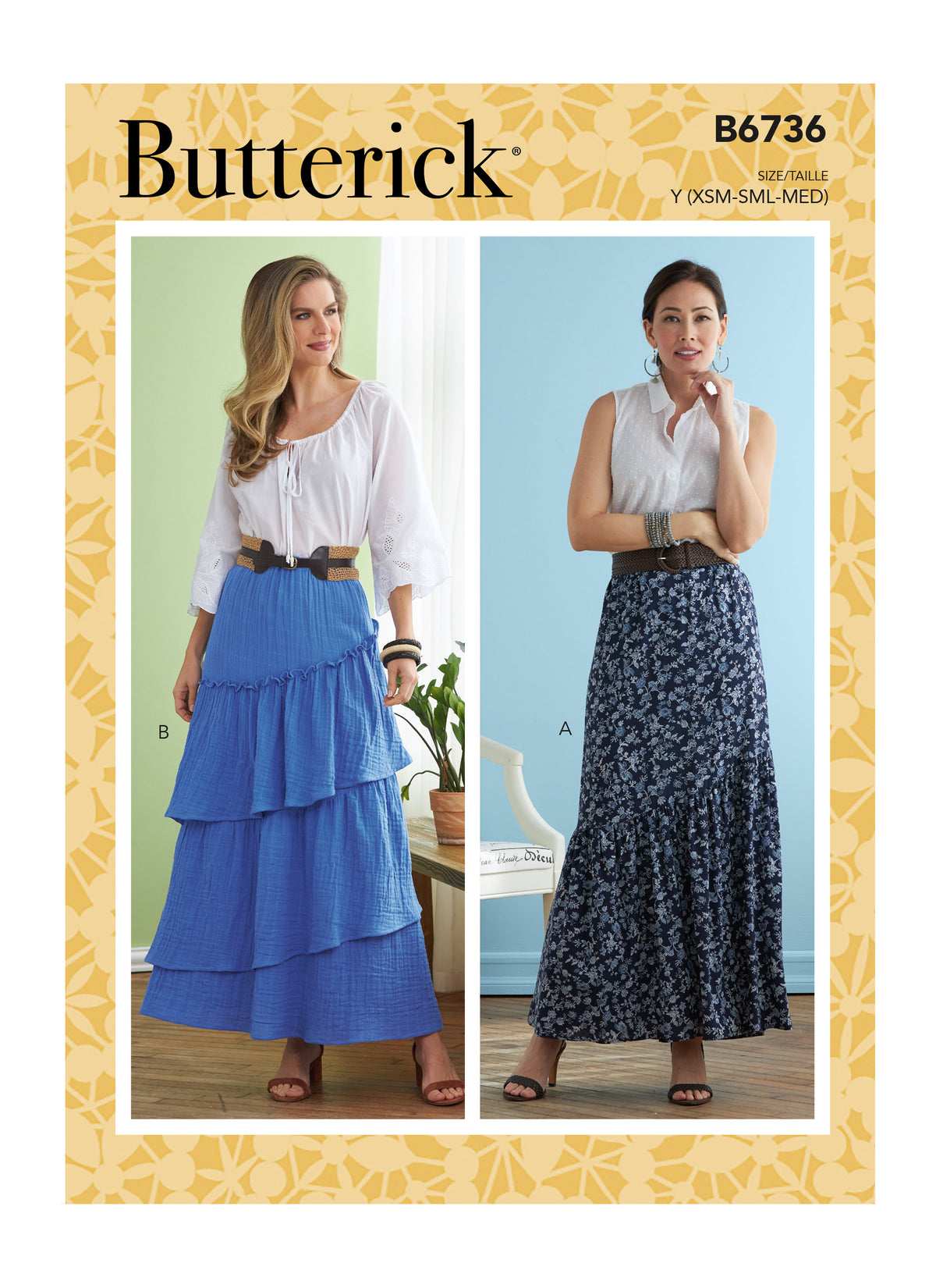 Butterick B6736 sewing pattern envelope showing a pull-on skirt with gathered tiers