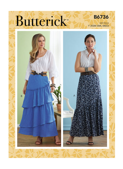 Butterick B6736 sewing pattern envelope showing a pull-on skirt with gathered tiers