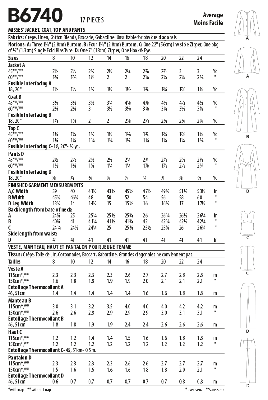 Butterick B6740 sewing pattern envelope showing misses' jacket and coat designs