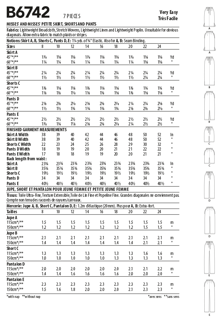 Butterick B6742 sewing pattern envelope showing misses' skirt, shorts and trousers designs