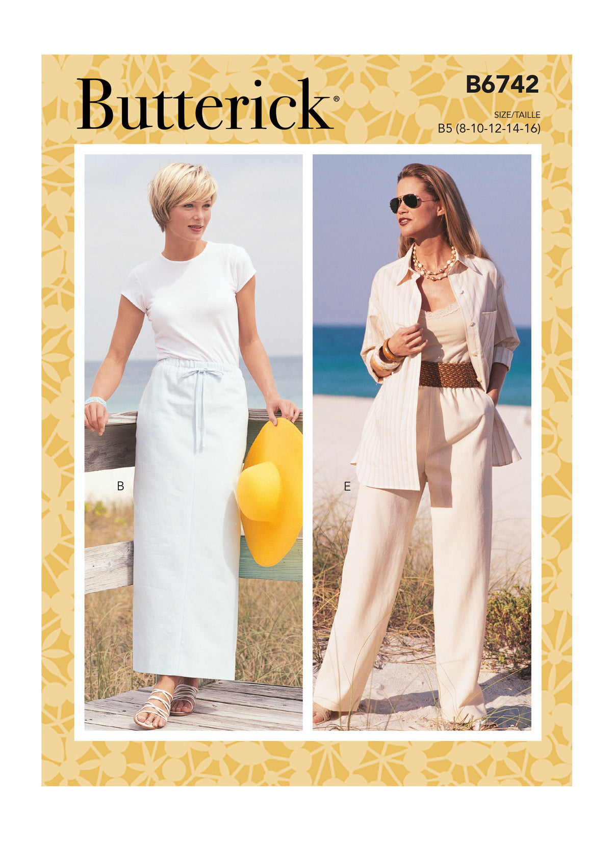 Butterick B6742 sewing pattern envelope showing misses' skirt, shorts and trousers designs