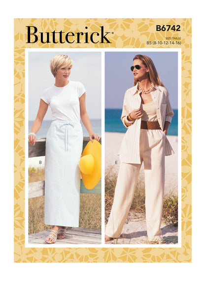 Butterick B6742 sewing pattern envelope showing misses' skirt, shorts and trousers designs