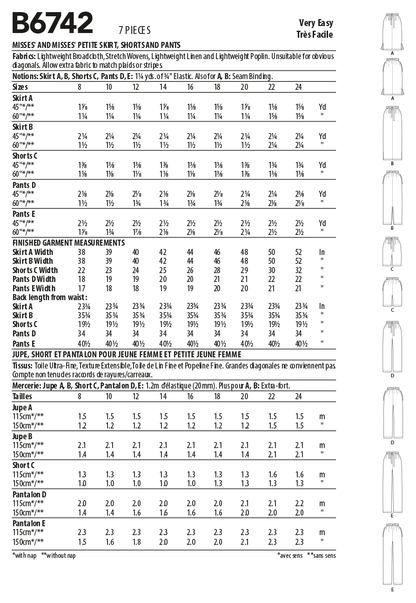 Butterick B6742 sewing pattern envelope showing misses' skirt, shorts and trousers designs