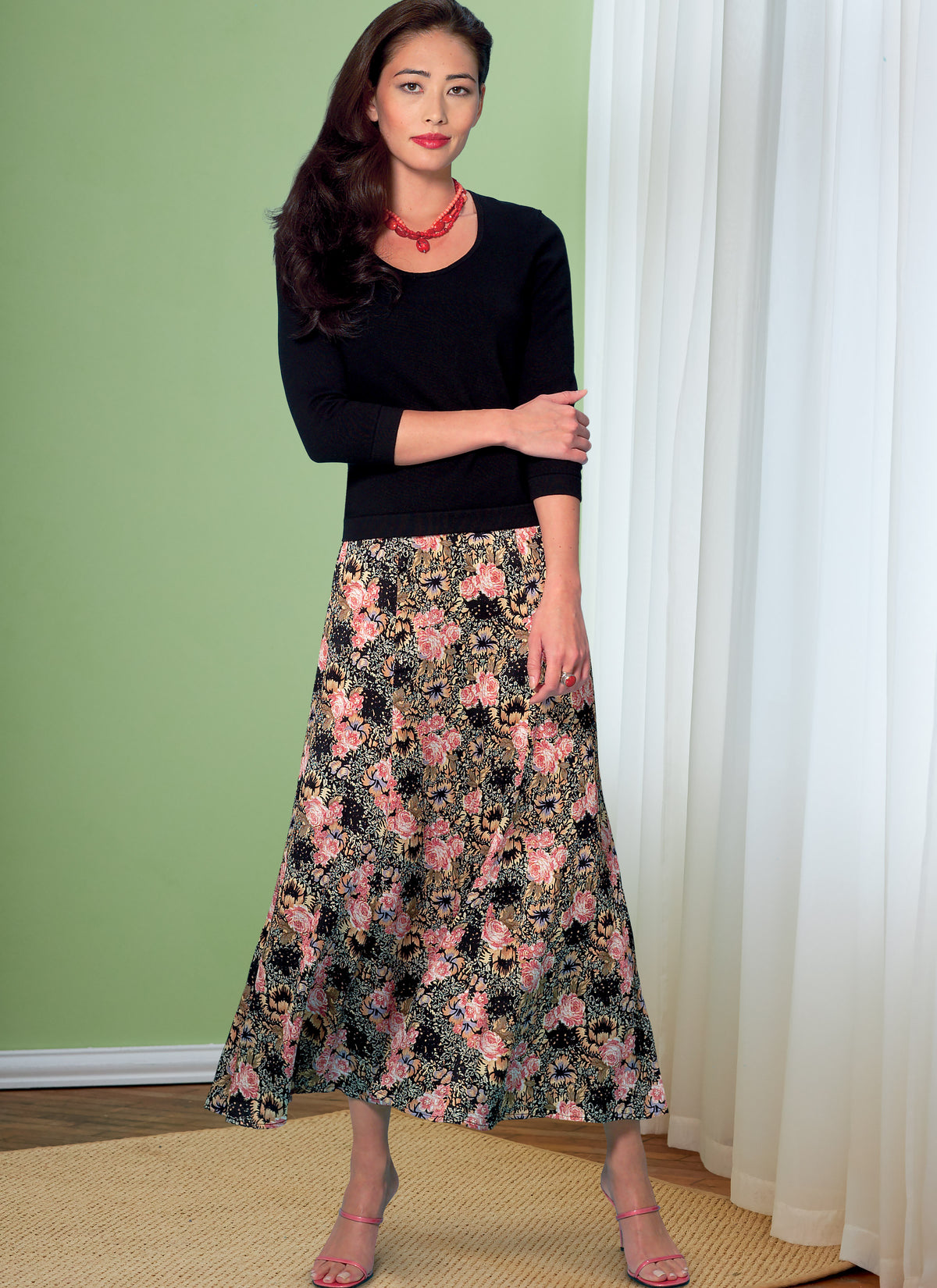 Butterick B6743 sewing pattern envelope showing misses' flared skirt designs