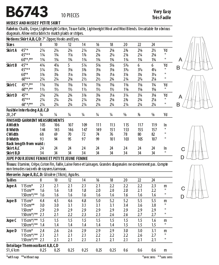 Butterick B6743 sewing pattern envelope showing misses' flared skirt designs