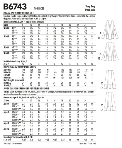 Butterick B6743 sewing pattern envelope showing misses' flared skirt designs
