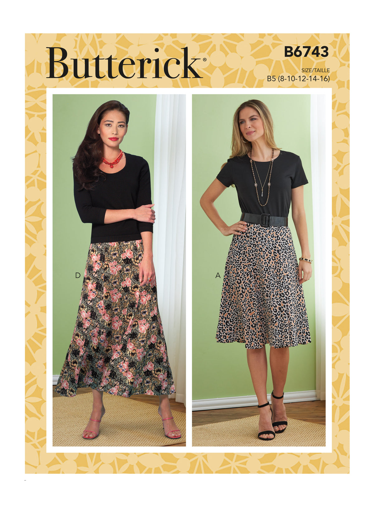 Butterick B6743 sewing pattern envelope showing misses' flared skirt designs