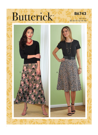 Butterick B6743 sewing pattern envelope showing misses' flared skirt designs