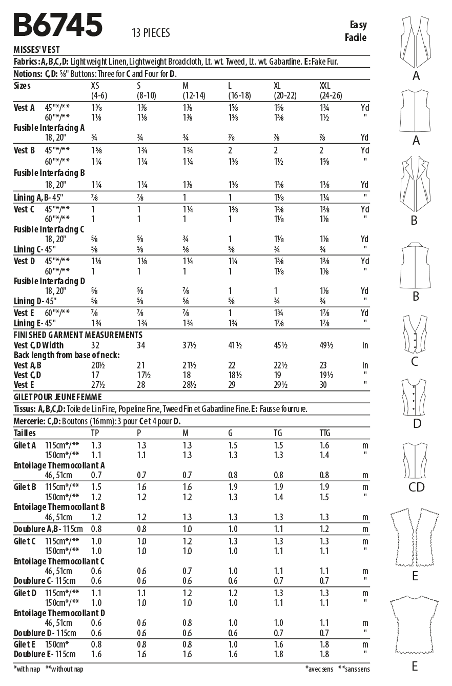 Butterick B6745 sewing pattern envelope showing misses' waistcoats designs