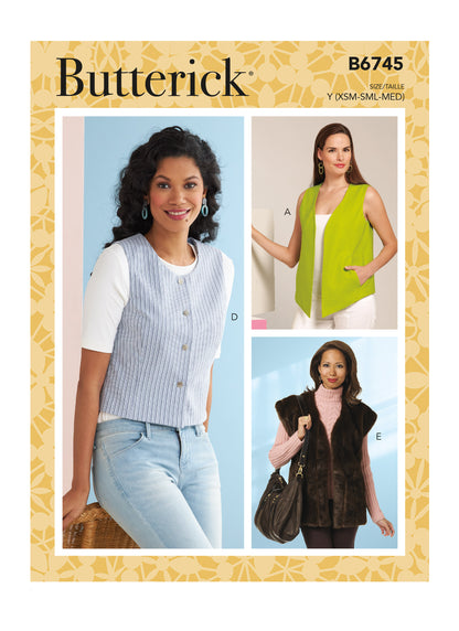 Butterick B6745 sewing pattern envelope showing misses' waistcoats designs
