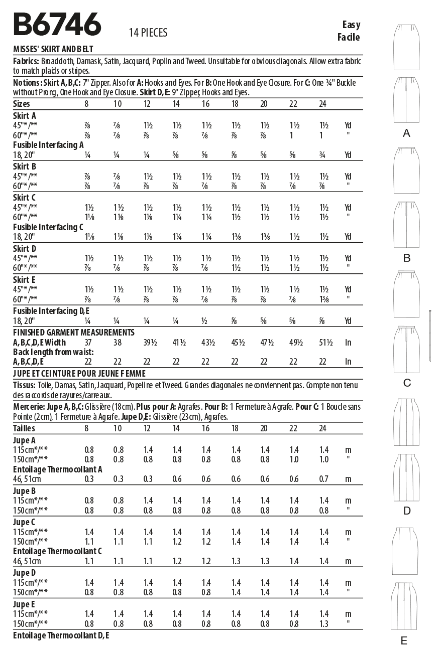 Butterick B6746 sewing pattern envelope showing misses' straight skirts designs