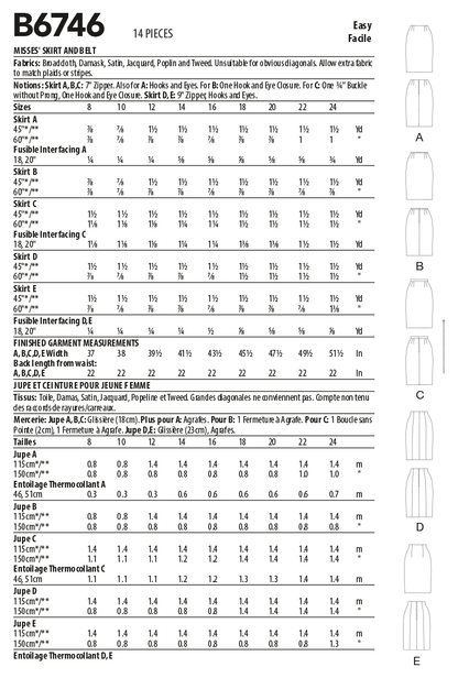 Butterick B6746 sewing pattern envelope showing misses' straight skirts designs