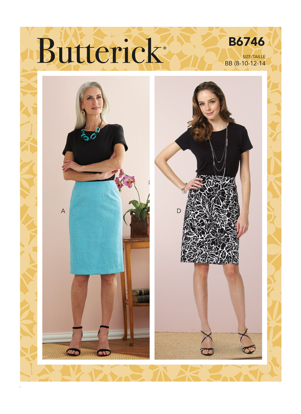 Butterick B6746 sewing pattern envelope showing misses' straight skirts designs