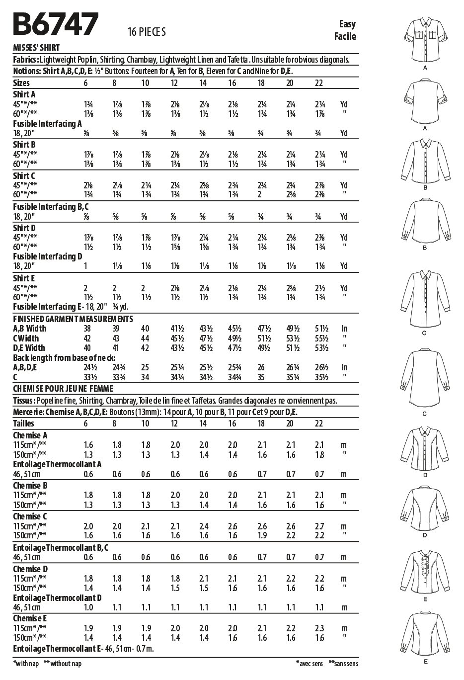Butterick B6747 sewing pattern envelope showing misses' fitted shirts designs