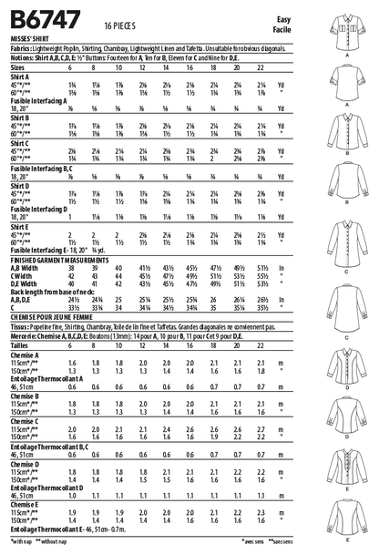 Butterick B6747 sewing pattern envelope showing misses' fitted shirts designs