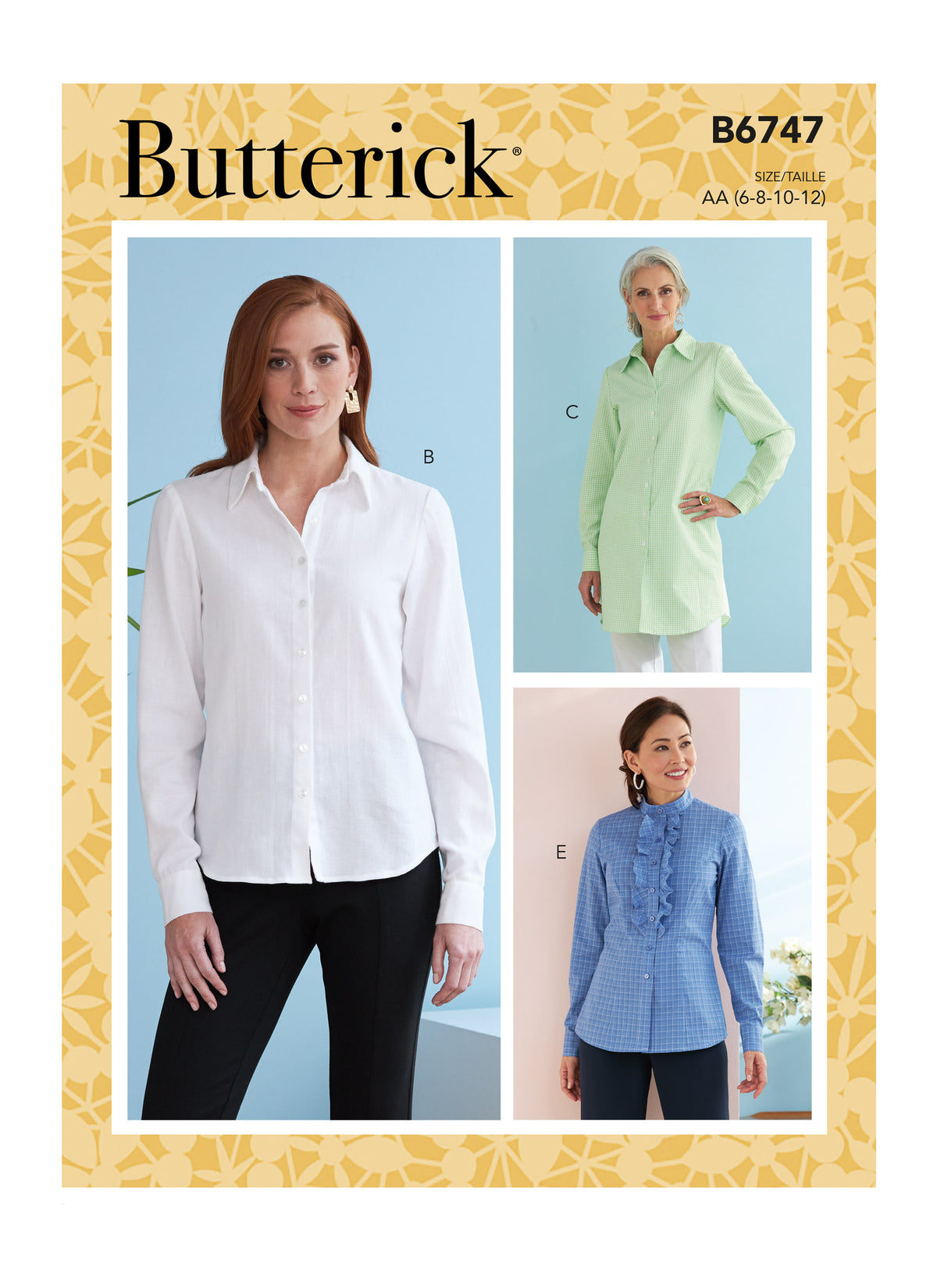 Butterick B6747 sewing pattern envelope showing misses' fitted shirts designs