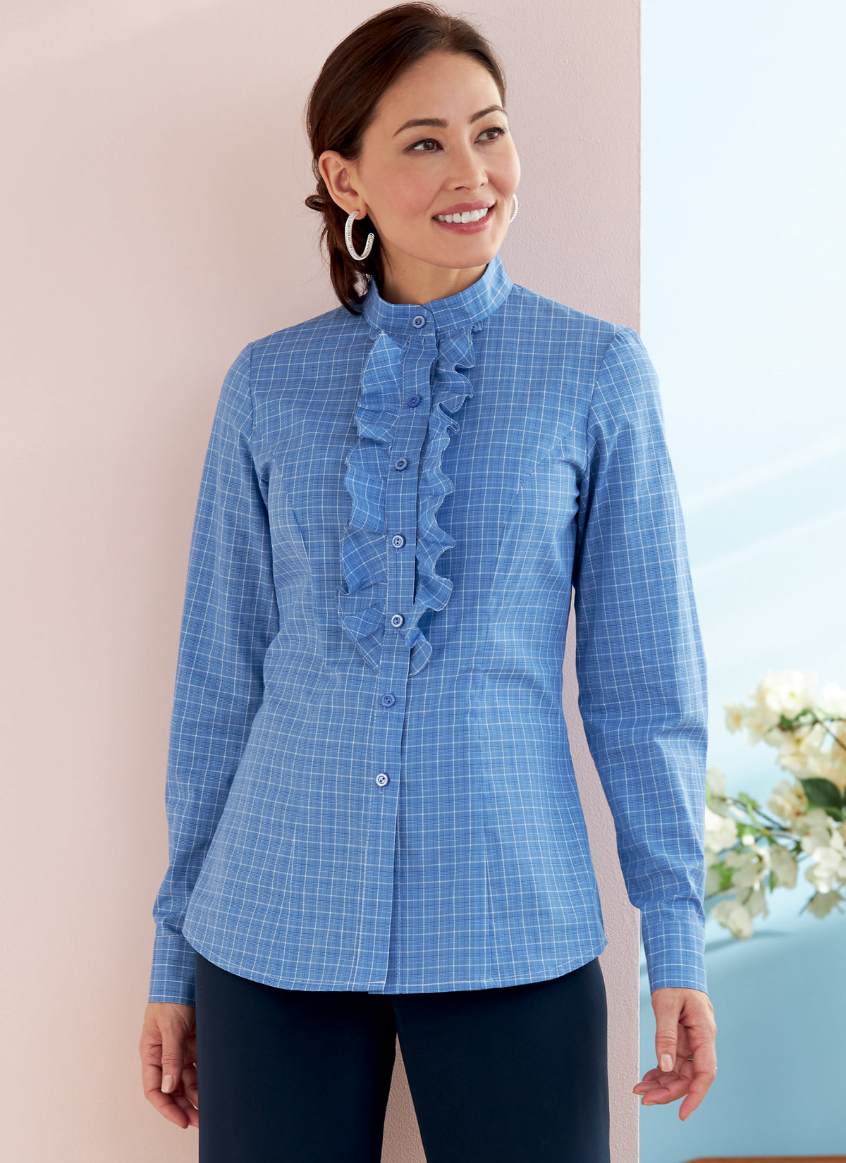 Butterick B6747 sewing pattern envelope showing misses' fitted shirts designs