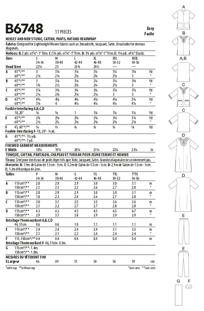 Butterick B6748 sewing pattern envelope showing unisex tunic or kaftan designs