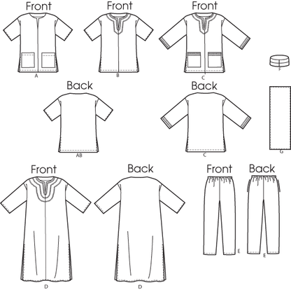 Butterick B6748 sewing pattern envelope showing unisex tunic or kaftan designs