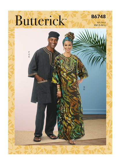 Butterick B6748 sewing pattern envelope showing unisex tunic or kaftan designs