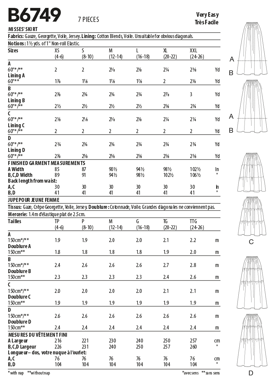 Butterick B6749 sewing pattern envelope showing misses' lined skirt designs